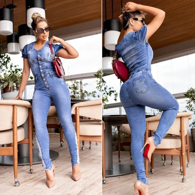 Plus Sizes Jeans Casual Romper Sexy Women Short Sleeve Bodycon