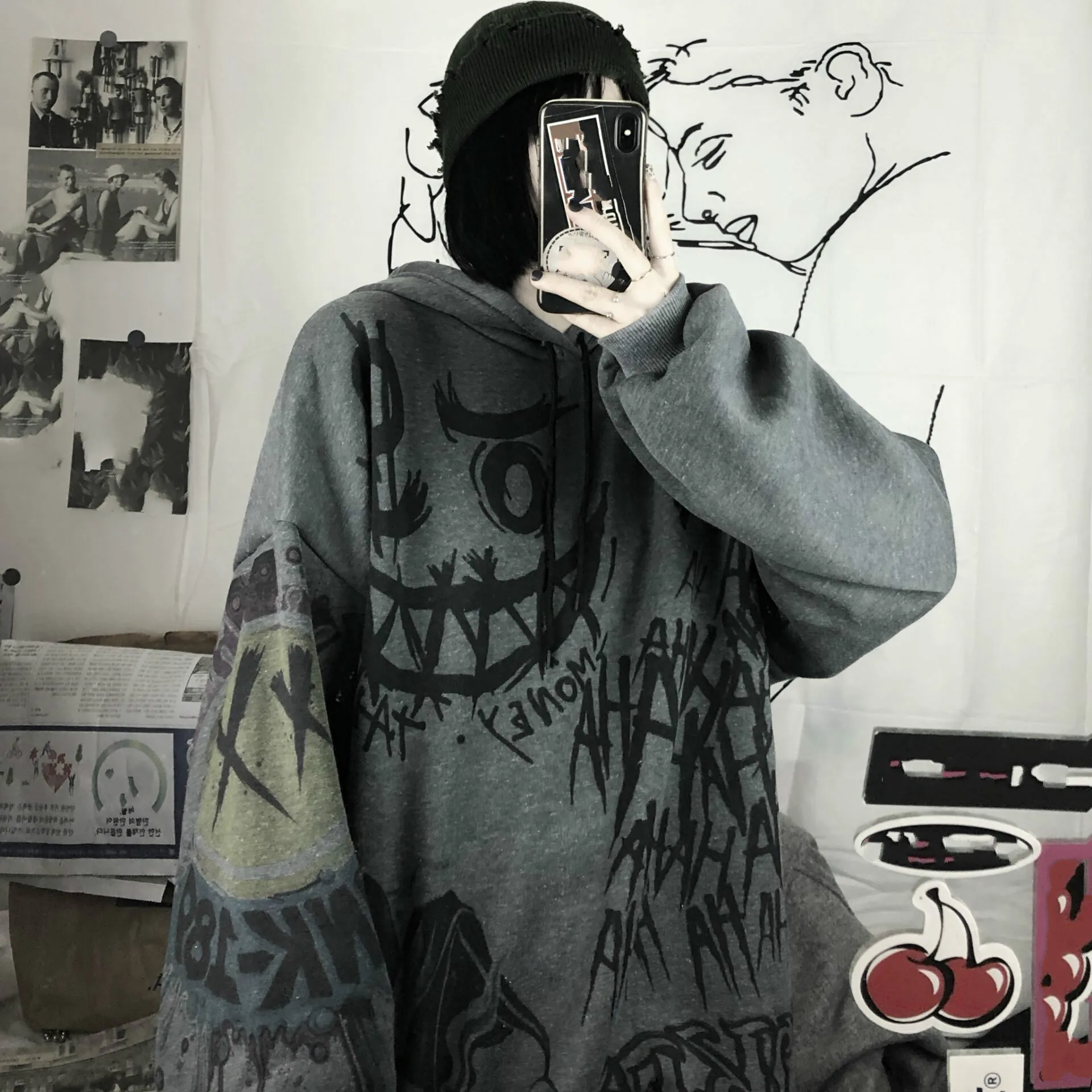 dark Grey Японский стиль мультфильм Harajuku женские толстовки уличная краска толстый с капюшоном воротник Feamle Кофты с буквенным принтом верхняя одежда - Цвет: dark Grey
