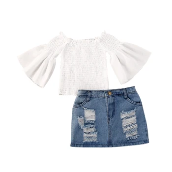 

Fashion Infant Baby Girls 1T-6T Clothes Sets Flare Long Sleeve Off Shoulder Tops+Denim Mini Skirts