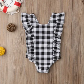 

New Kids Girls Swimwear One-Piece Swim Suit Fashion Lovely Short Sleeve Ruffles Plaid Cotton Bathing Suit Summer Hot