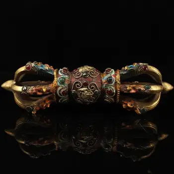 

Tibetan monastery collects old copper hand-crafted inlaid gemstones painted nine-stranded Dorje magic weapon Vajra Phurpa
