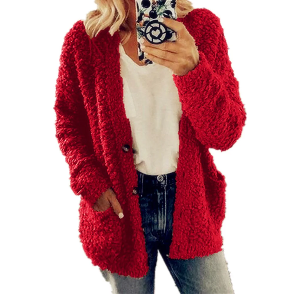 Женский Пушистый кардиган с длинным рукавом, свитер, пальто, куртка для зимы, сплошной цвет, негабаритный
