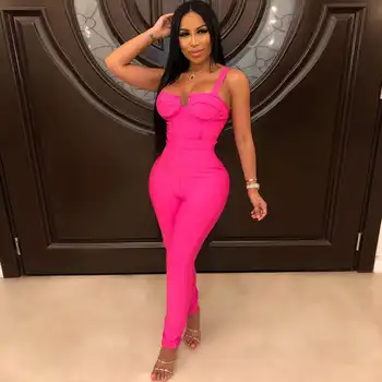 

Seamyla Women Solid Spaghetti Strap Sleeveless Strapless Bandage Jumpsuit Summer Sexy Club Party Long Jumpsuits Romper Runway