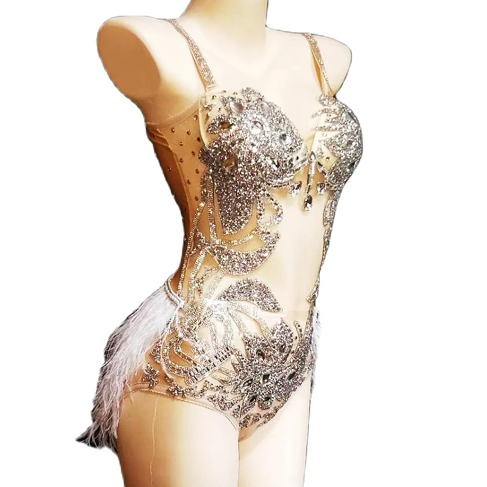 

Sparkling Rhinestones Appliques Sling Bodysuit Ladies Feathers Accessories Nightclub Dance Show Wear Party Costume For Women