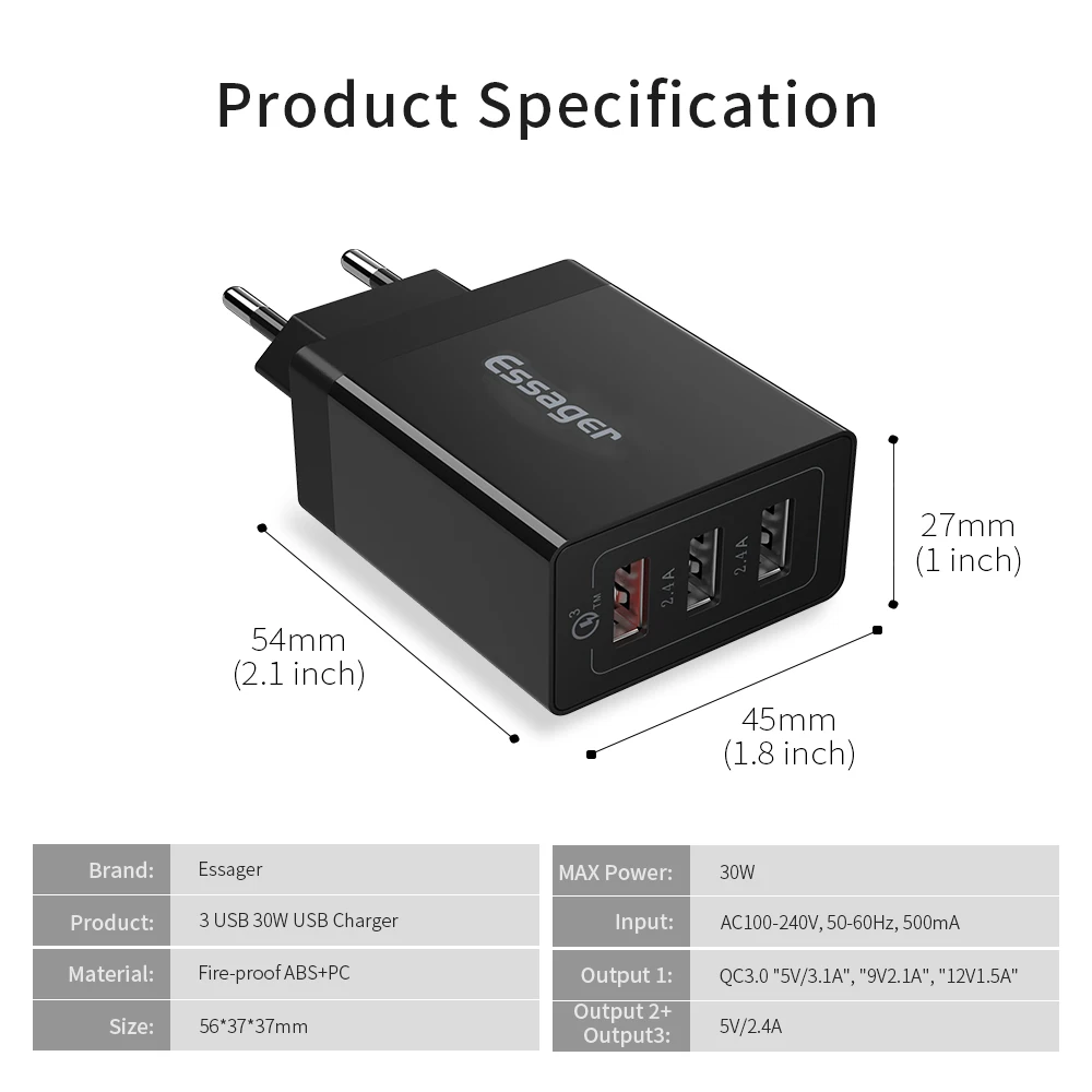 Essager 30 Вт QC 3,0 USB зарядное устройство Быстрая зарядка 3,0 Быстрая зарядка мульти разъем турбо настенное зарядное устройство адаптер для iPhone samsung Xiaomi Mi 9