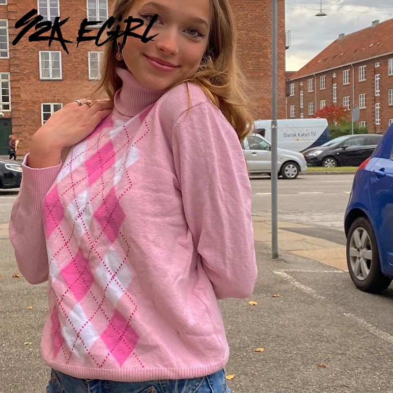 

Y2K EGIRL Vintage 2000s Aesthetics Turtleneck Argyle Jumpers Fashion Winter Long Sleeve Knitted Pink Sweaters Sweet Pullovers
