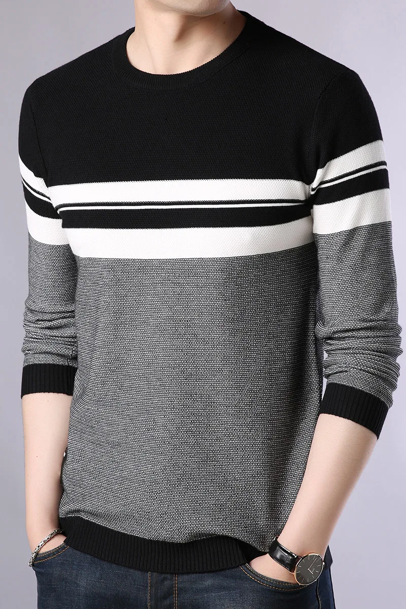 Повседневные мужские свитера брендовый Модный Полосатый пуловер с круглым вырезом облегающий Топ вязаный с круглым вырезом теплый трикотаж