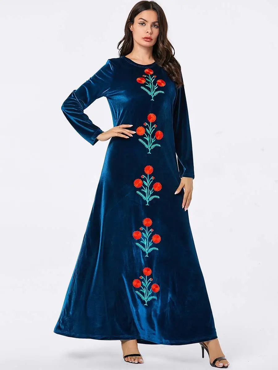 Abayas женское бархатное платье мусульманский Кафтан Дубай Халат длинный рукав вышивка свободный исламский джильбаб Vestidos Одежда Плюс Размер