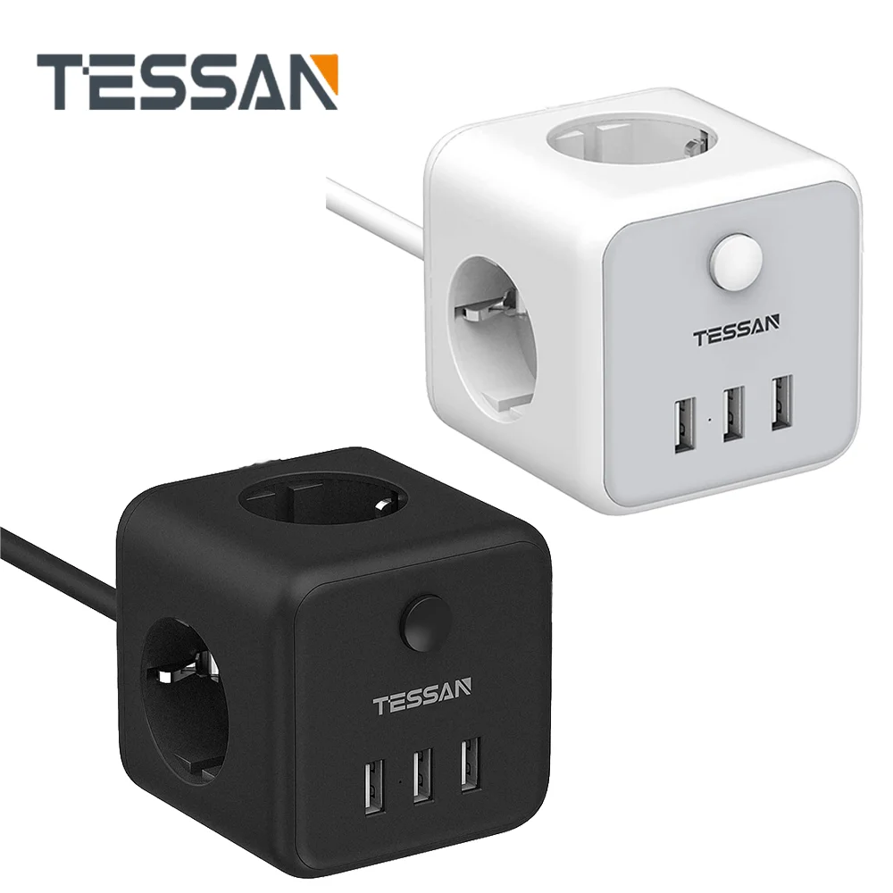 TESSAN – multiprise murale Cube noire, avec interrupteur, 3 prises ue, 3  Ports de charge USB, adaptateur d'extension pour maison