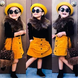 Conjuntos de 3 peças de roupa de manga longa + saia de bolso com botão + gola de pele falsa para crianças meninas