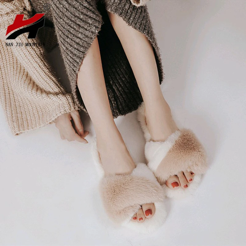 

NAN JIU MOUNTAIN Rabbit Velvet Home Woman Cotton Slippers Autumn And Winter Simple Open Toe Indoor Slippers Non-Slip Rubber sole