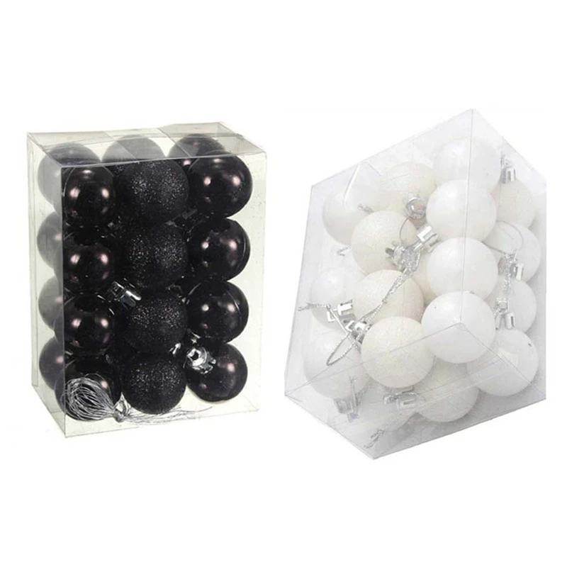 Top-48Pcs Chic Christmas Baubles Tree Plain Glitter XMAS Ornament Ball Decoration 24Pcs White & Black | Освещение