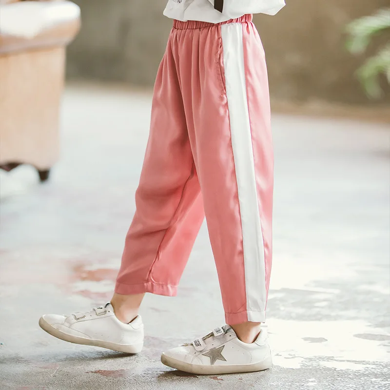 

Summer Loose Casual Baby Girls Soft Trousers Elastic High Waist Kids Sport Pants Striped Patchwork Children Straight Pants 4-13T