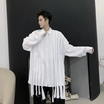 

New Men Fashion Show Vintage Stripe Long Sleeve Casual Shirts Male Japan Streetwear Loose Shirt Stage Clothes