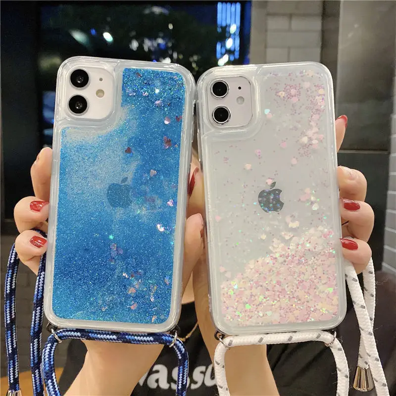 Sequins Quicksand Rope Case For iPhone 12 mini 11 Pro Max XR X XS Max 8 7 6 6S Plus 5 5s SE Lanyard Dynamic Liquid Glitter Cover wooden phone cases