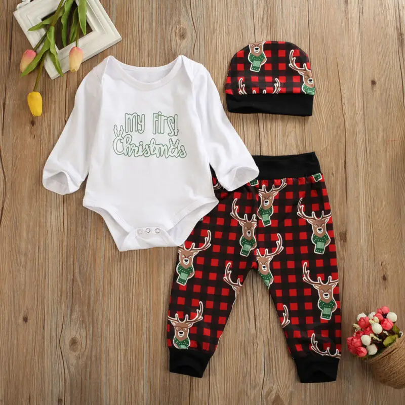 Одежда для малышей с надписью My First Christmas, для малышей Одежда для маленьких мальчиков и девочек боди с длинным рукавом+ штаны в клетку штаны+ шапочка, 3 предмета в комплекте, Наряд на Рождество