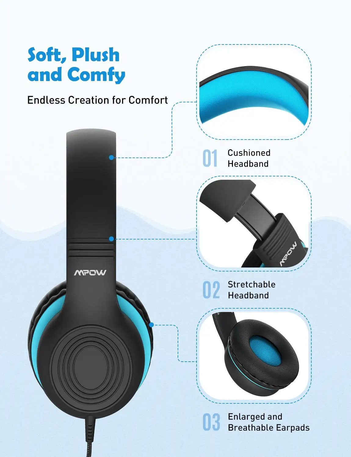 Mpow CH6S Wired Headphones For Kids With Microphone Max 85dB Food Grade Material Over Ear Kids Headphones For iPad Kindle Phones