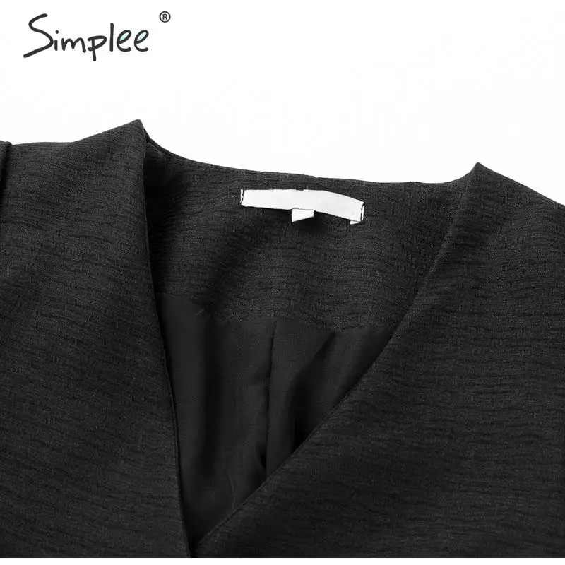 Simplee Sreetwear блейзер с v-образным вырезом платье элегантный Пышный рукав бант короткое вечернее платье офисное женское шикарное однотонное Черное Осеннее платье для работы