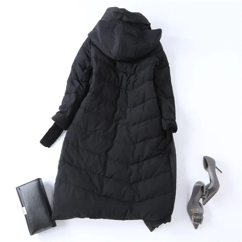 Black And White with Pattern WOMEN'S down Jacket Hooded Coat Autumn And Winter New Style Origional Pleated Loose White Duck down