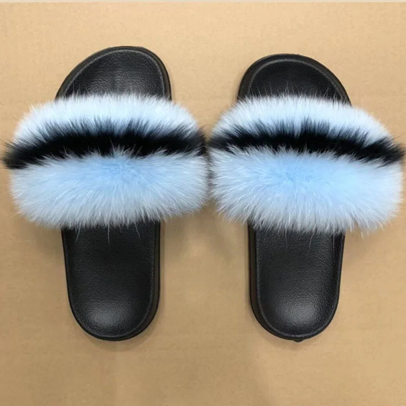 blue black Роскошные Дизайнерские шлепанцы с лисьим мехом; женские вьетнамки на платформе с натуральным мехом; яркие цвета; длинные пушистые шлепанцы; женские домашние шлепанцы; ns133 - Цвет: blue black