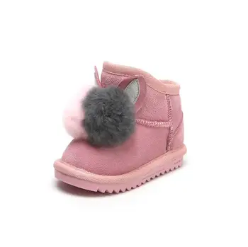 

12-16cm Brand Genuine Leather Toddler Girl Snow Boots Cute Pompom Rubber Boots Kids Warm Girls Boots With Fur Shoes