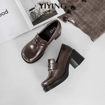 

2020 New Thick Heel Small Leather Shoes Fashion Square Toe Shallow Mouth Shoes Oxfords Formal Work Platform Shoes Retro Loafers