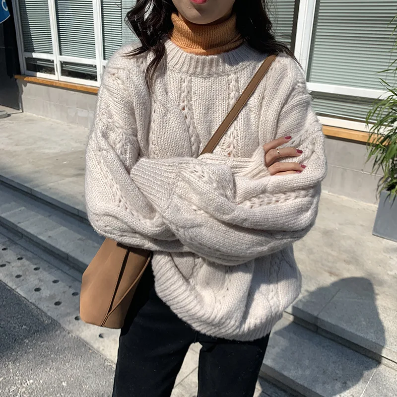 

Oversize Cable Knit Sweater Women Crew Neck Jumper Winter Pullover Sweaters Solid