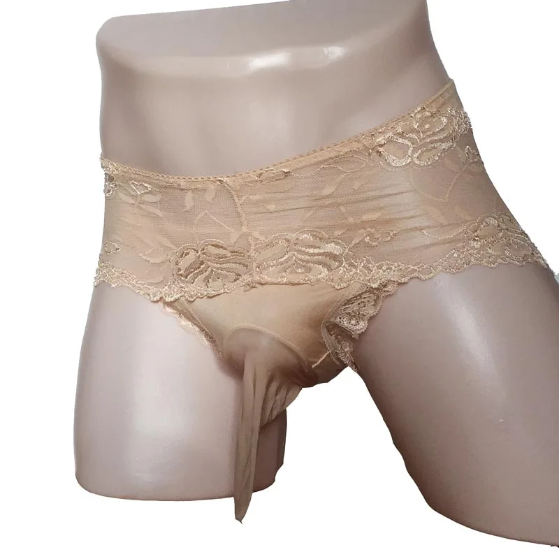 Plus Size Sexy Sheer Lace Men Sissy Brief Thong Underwear with Silky Penis Trunk Sheath Fetish Lingerie