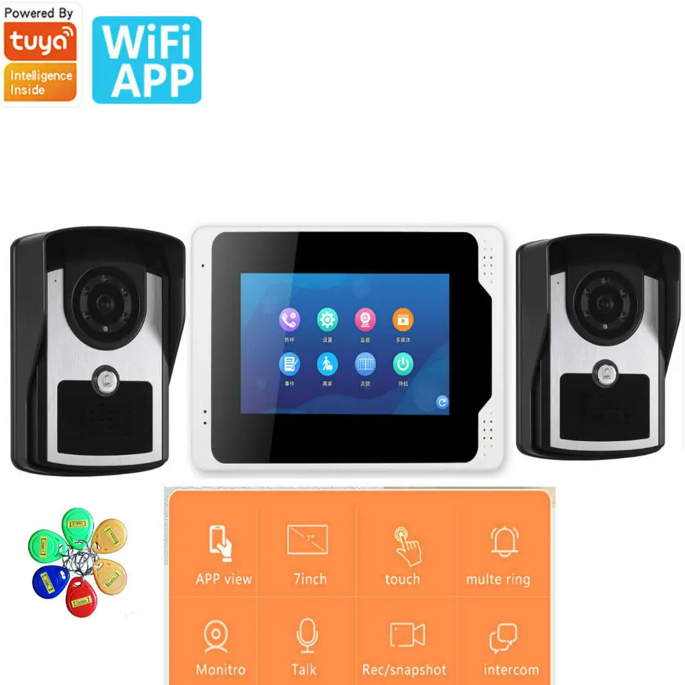 Tuya-Sistema de timbre de portero automático inalámbrico, wifi, vídeo inteligente, 7 , pantalla táctil, HD, con cable, cámara RFID