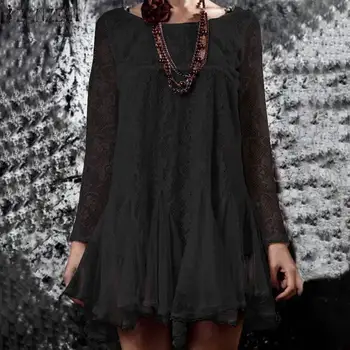 

ZANZEA 2020 Spring Women Lace Crochet Blouse O Neck Long Sleeve Ruffles Hem Shirt Casual Hollow Out Tops Black Blusas Lace Top