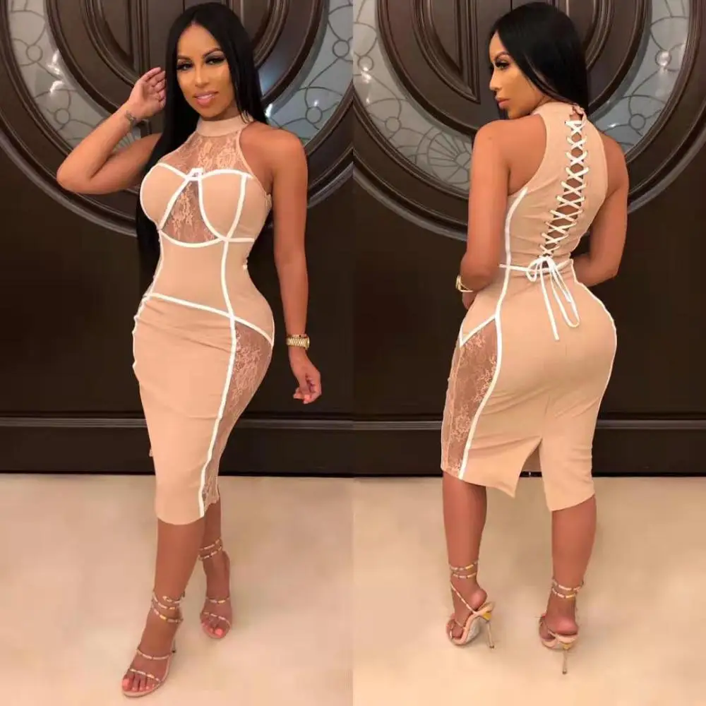Новое женское розовое кружевное платье с высоким воротом без рукавов с открытыми плечами Vestidos облегающее вечернее платье в стиле знаменитостей Прямая поставка