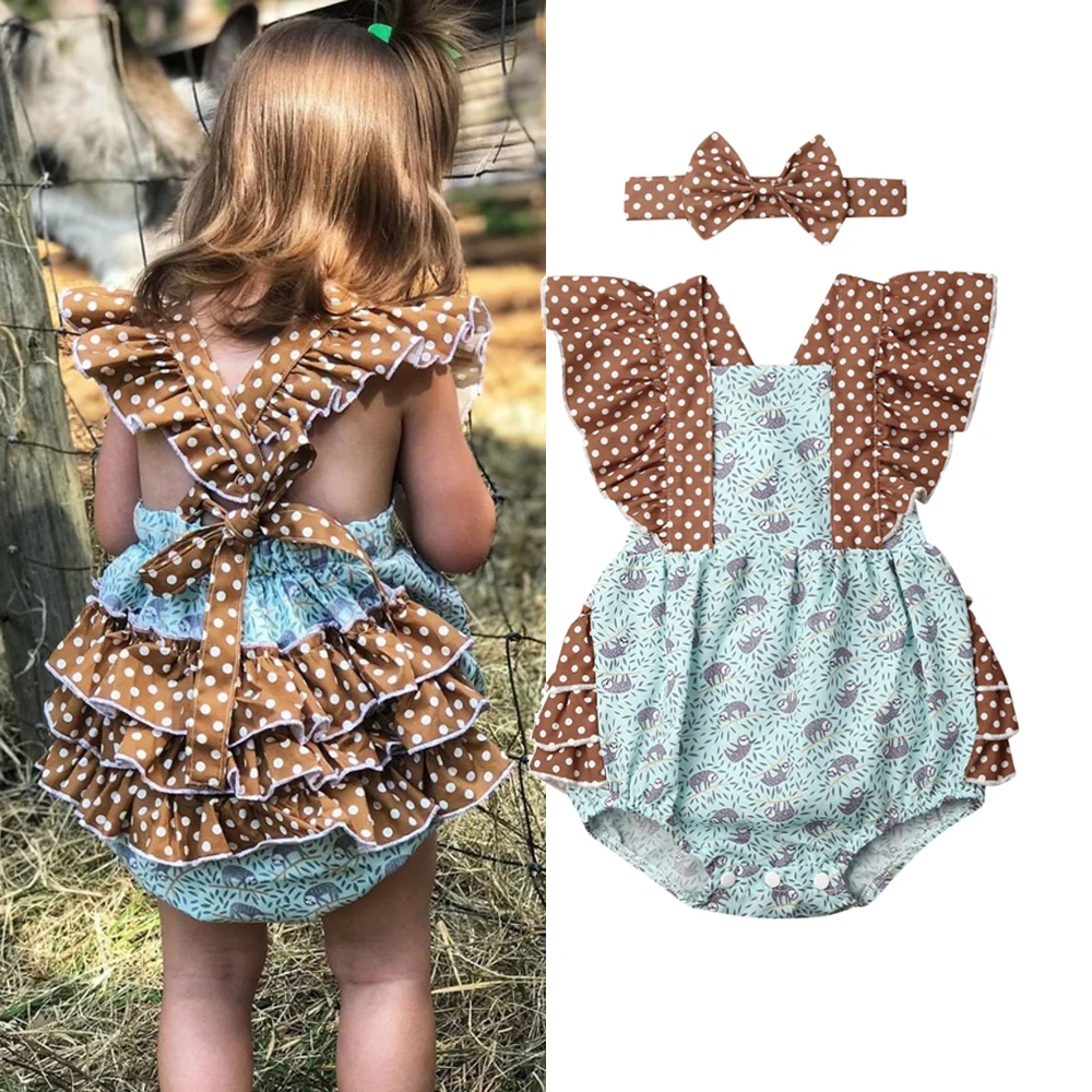 Коллекция года, брендовая летняя одежда для новорожденных девочек возрастом от 0 до 24 месяцев комбинезон в горошек с оборками и принтом животных+ повязка на голову Милая одежда для малышей