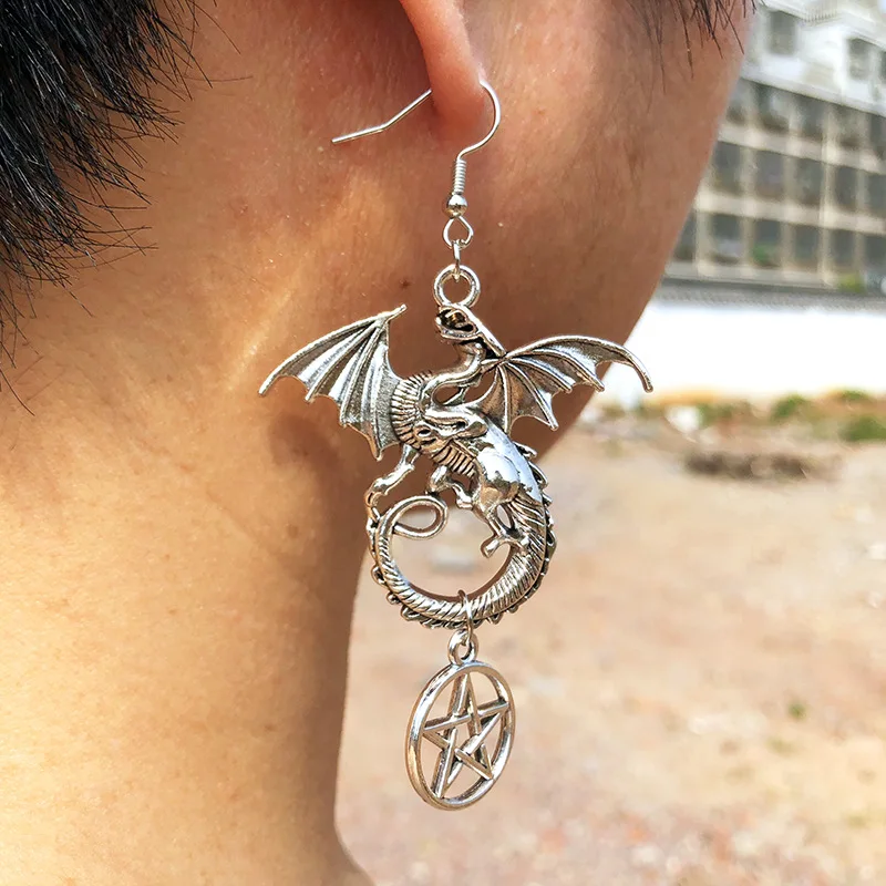

Vintage Silver Plated Hollow Dragon Dangle Earrings Gothic Style Giant Dragon Pentagram Earrings for Women Party Jewelry Gifts