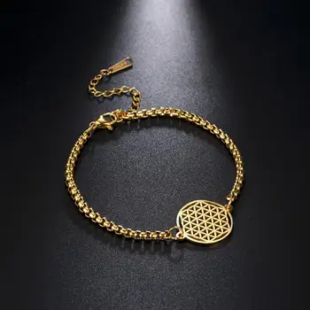 

My Shape Flower of Life Bracelet Stainless Steel Box Chain Bangle Hollow Gold Color Cut Out Pendant Jewelry Gift for Women Men