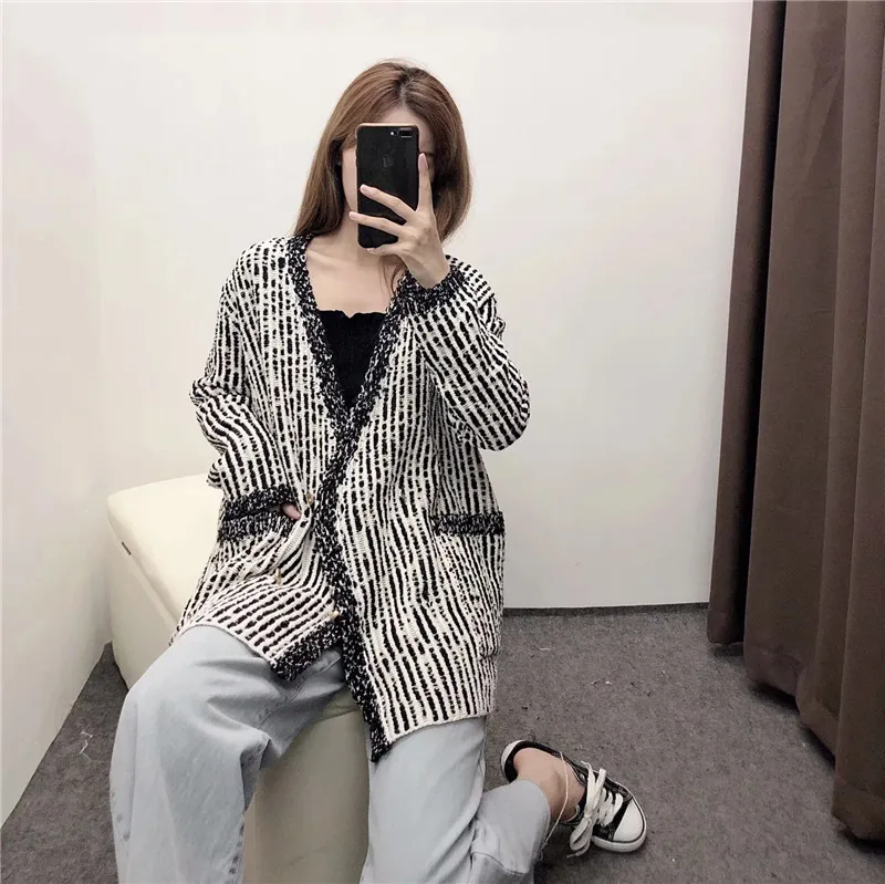ZA Knit Cardigan Sweater Mixed Color V-neck Autumn Winter Double-breasted Jacket Casual Coat Statement Elegant Wholesale