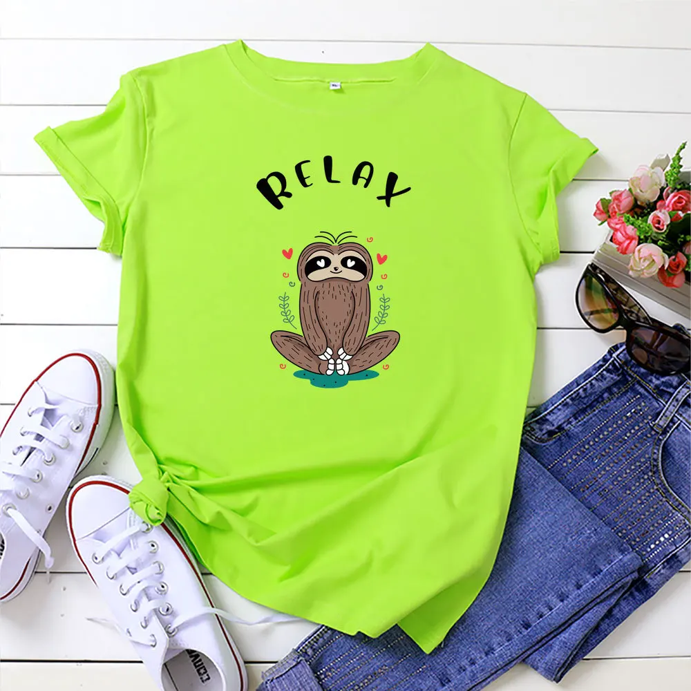 

100% Cotton Summer Funny Cartoon Sloth Women's T-shirt O-Neck Harajuku Top Casual Female T shirt Oversized Size S-5XL