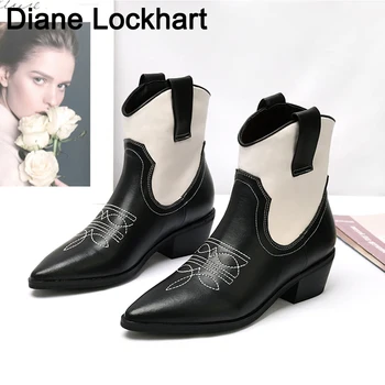 

Winter Pointed Toe Western Ankle Boots Women Cowboy Mixed Colors Booties Femal Fashion Sewing Chelsea Woman Botas Mujer 2019