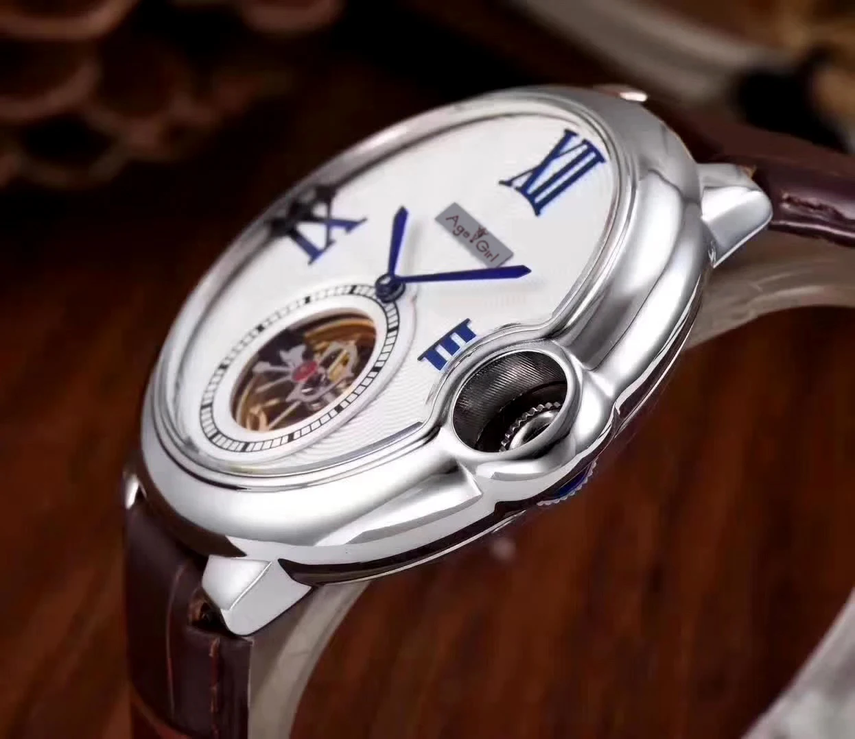 Famous Brand New Men Automatic Mechanical Watches Silver Rose Gold Rome Black Leather Tourbillon Sa