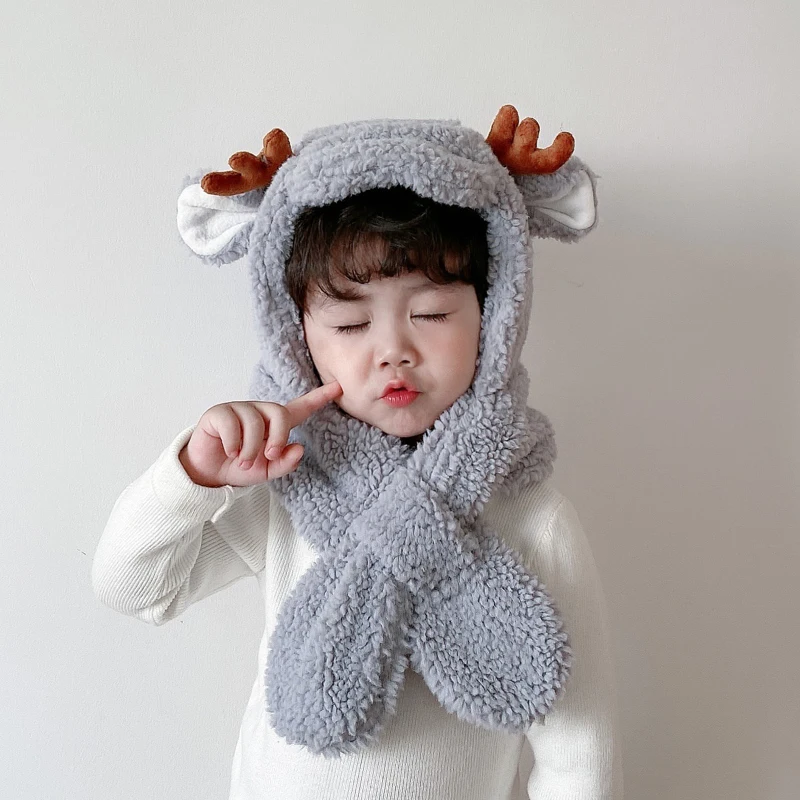 

Winter Baby Hats and Scarf One Piece Lovely Antlers Accessories Thicken Warm Kids Boys Girls Caps Children Ear Protection Hat