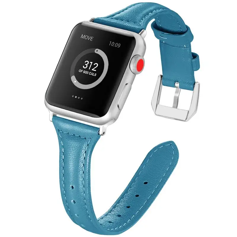 blue Кожаный ремешок для Apple watch 5 4 3 2 1 iWatch ремешок 42 мм 38 мм 44 мм 40 мм ремешок для часов из натуральной кожи тонкий браслет - Цвет ремешка: blue