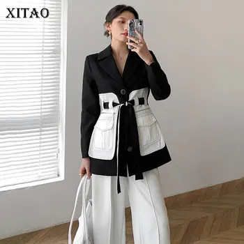 

XITAO Hit Color Women Blazer Fashion New Elegant Small Fresh 2020 Spring Pocket Patchwork Pocket Small Fresh Loose Coat XJ3398