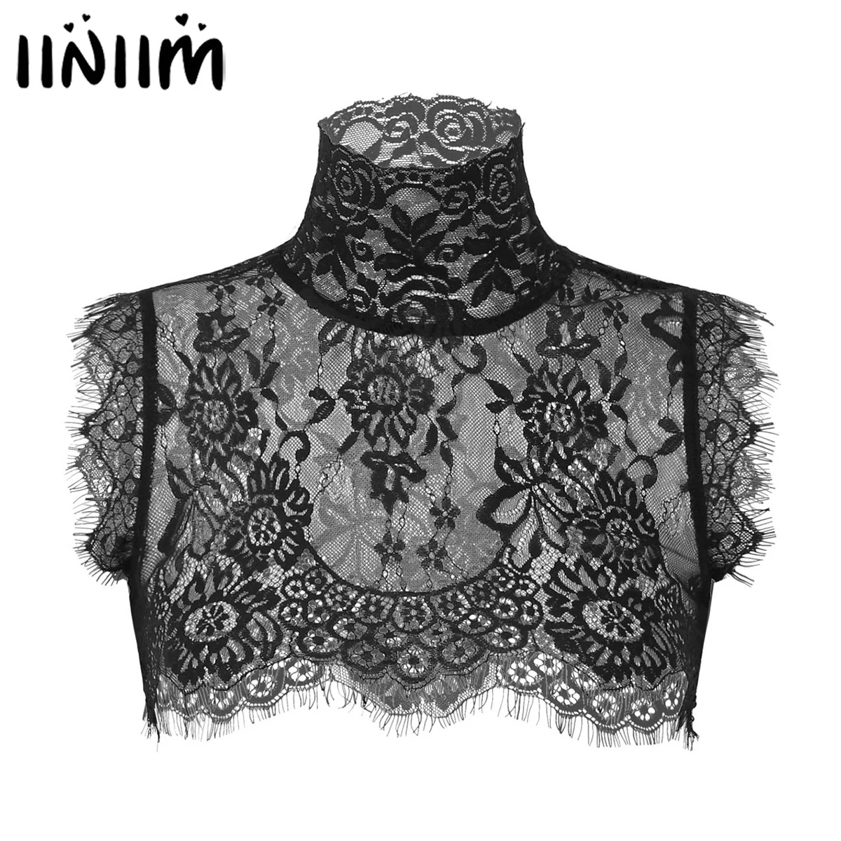 Iiniim, женские элегантные майки с высоким воротом, сексуальная модная Клубная одежда, гребешок, ресницы, обрезанная блузка, прозрачный кружевной кроп-топ
