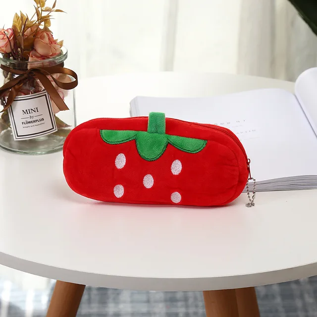 FUDEAM Soft Plush Cartoon Women Long Coin Purse Cute Zipper Girl School Stationery Pencil Case Usb Cable Storage Bag Key Wallet Red Strawberry