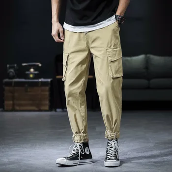 

#1943 Spring Summer Straight Casual Pants Men Loose Japanese Streetwear Korean Style Elastic Waist Men Joggers With Side Pockets