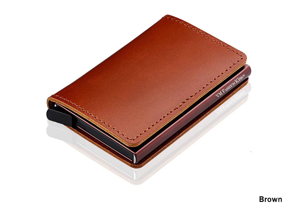 VM FASHION KISS RFID Genuine Leather Minimalist Wallet DIY Metal Aluminum Safe Purse Credit Id Business Card Holder Cardholder