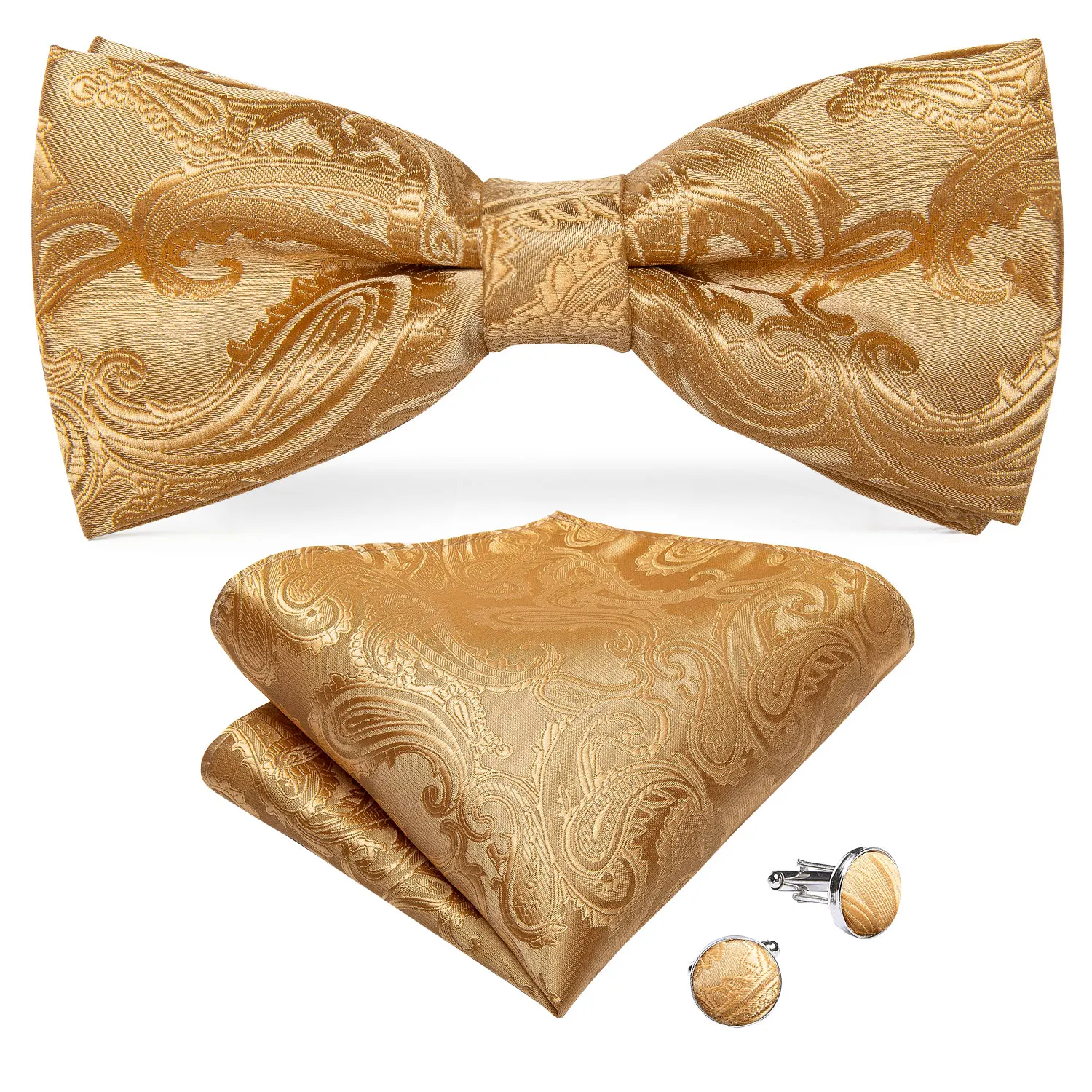 Men's Gold Paisley Fashion Wedding Men Silk Waistcoat Vest Bowties Hanky Cufflinks Cravat Set for Suit Tuxedo DiBanGu MJ-112