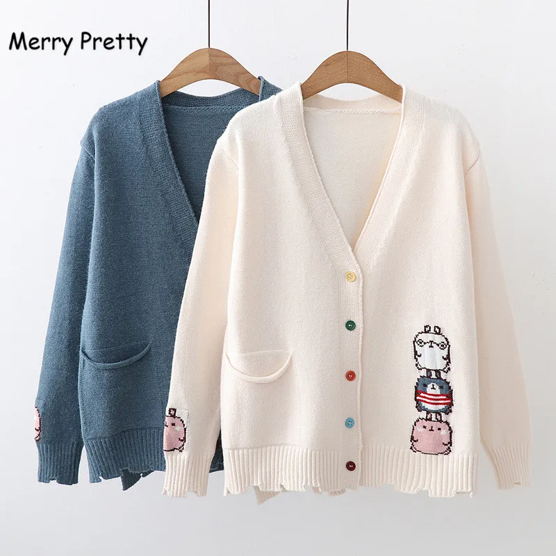 

Merry Pretty Fall Winter Preppy Style Cartoon Embroidery Cardigans Women Jacquard knitting Single-breasted Girl Sweaters Outwear