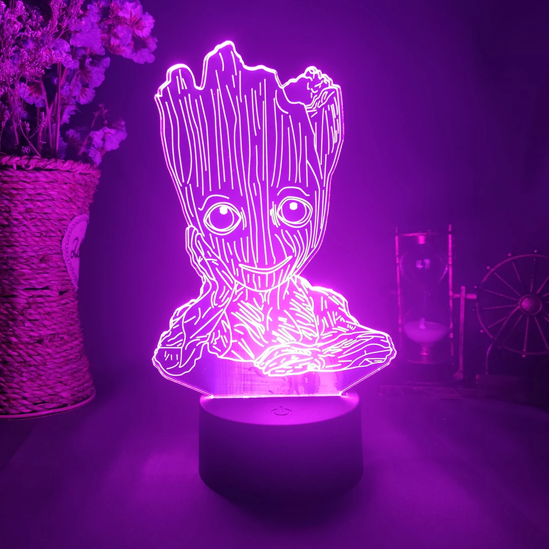 그루트 3D 비주얼 나이트 라이트 크리에이티브 LED 데스크탑 일루전 램프 7/16 색상 변경 가능 어린이 생일 선물 사랑스러운 장치