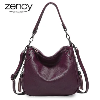 

Zency Elegant Purple Women Shoulder Bag 100% Genuine Leather Hobos Fashion Lady Crossbody Purse Grey Handbag With Tassel Black