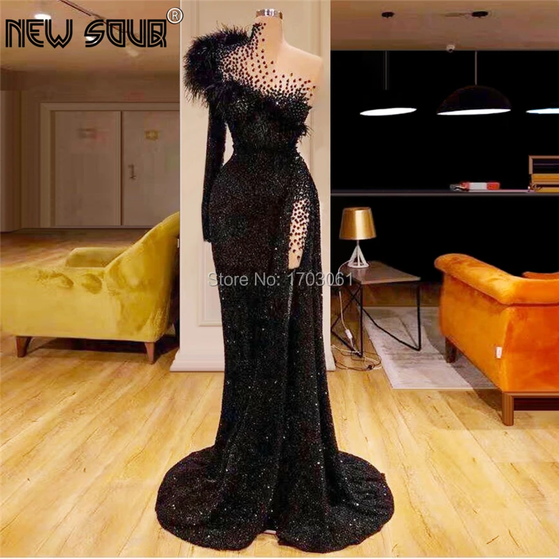 Черные перья Длинные Формальные платья для выпускного вечера Robe De Soiree африканские вечерние платья с бисером кафтаны Дубай жемчужные вечерние платья